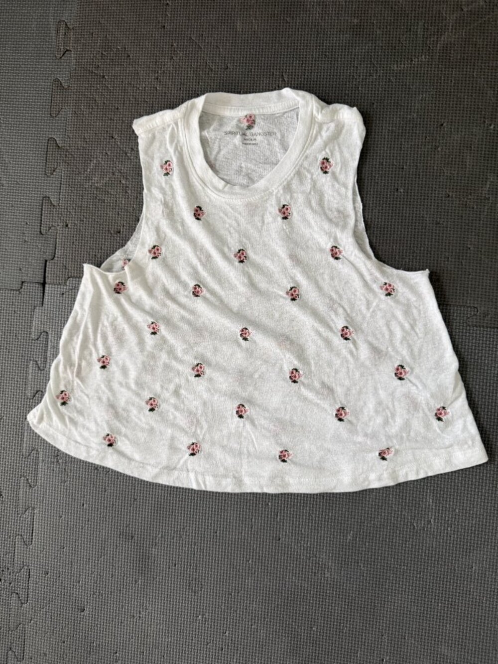 Spiritual Gangster White/Pink Embroidered Flowers Flowy Tank- M - Picture 2 of 8